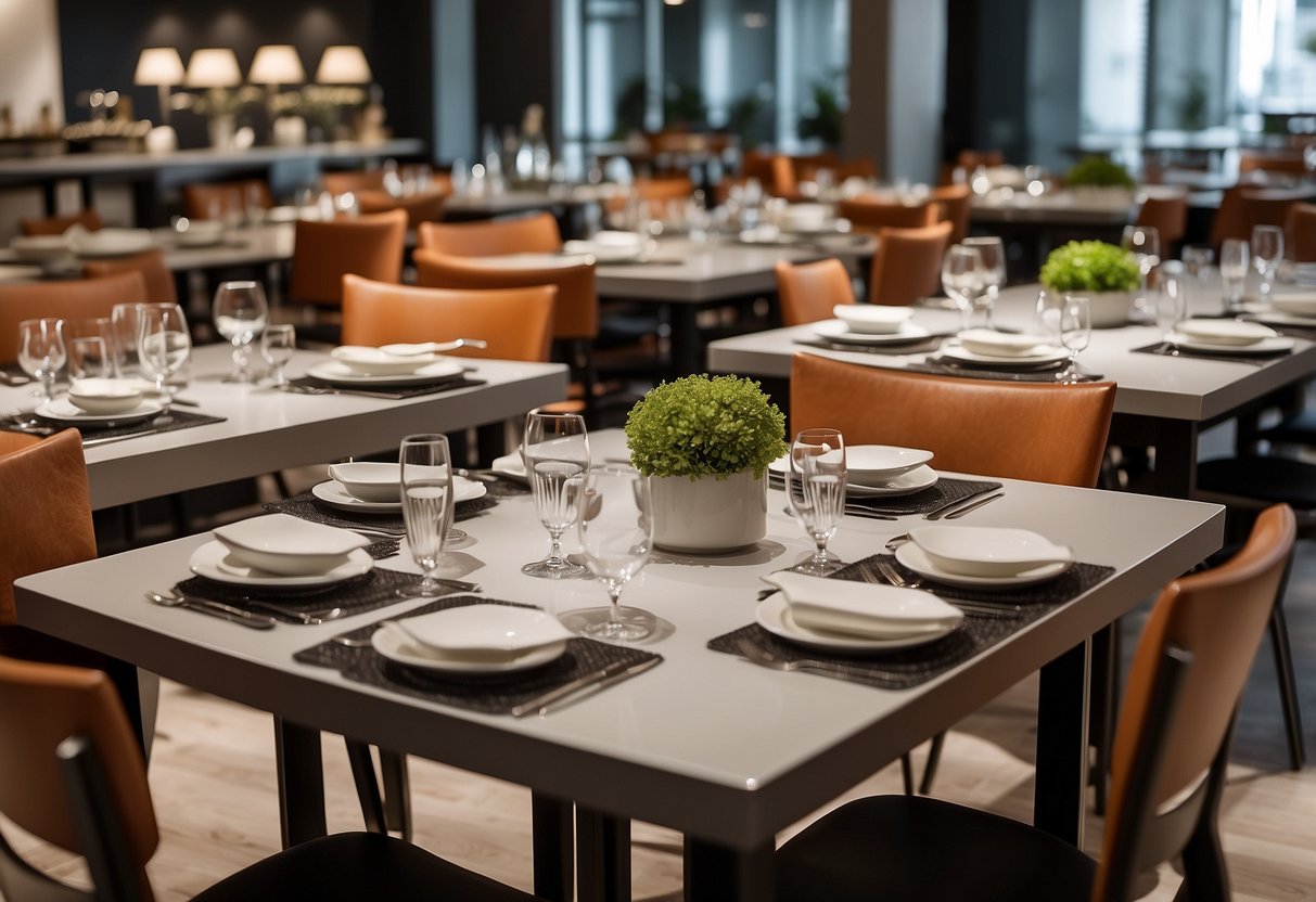 Various tables (dining, coffee, end) arranged in a showroom. Each table is labeled with a "Frequently Asked Questions" sign
