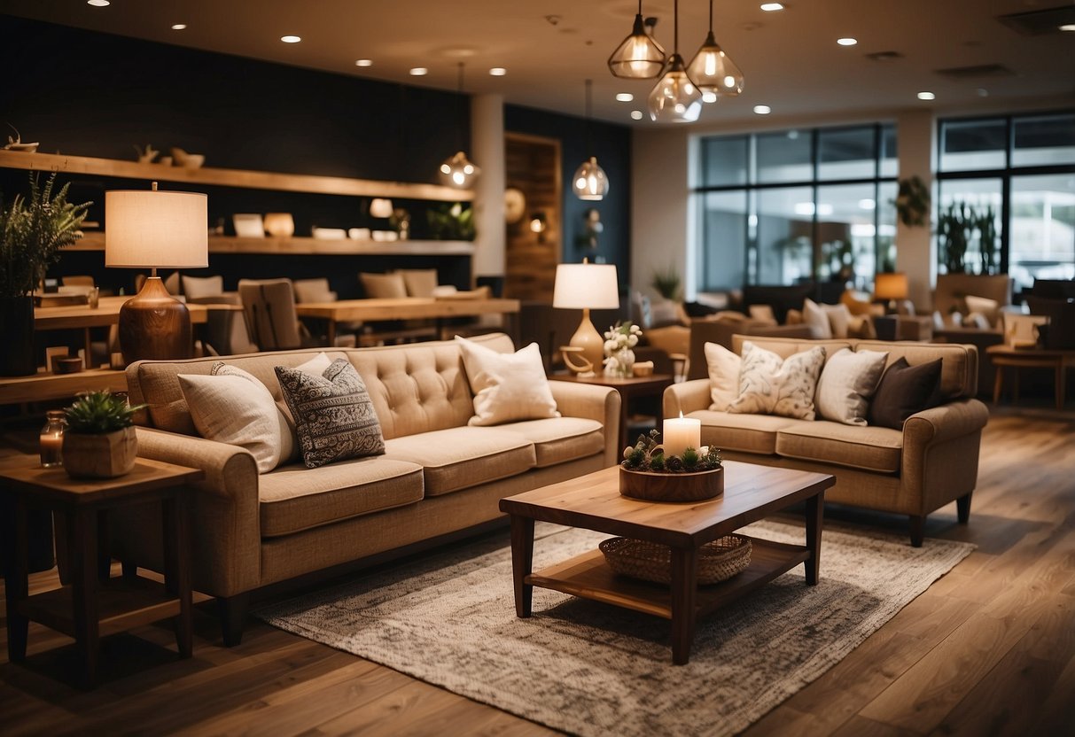 A welcoming showroom with cozy seating, warm lighting, and friendly staff assisting customers with unique, handcrafted furniture pieces