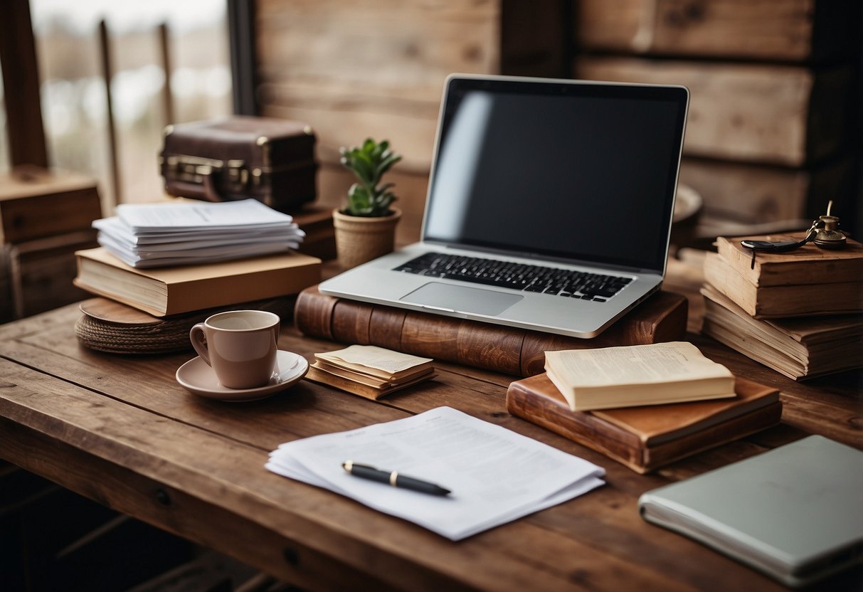 A rustic wooden table with a stack of papers and a laptop, surrounded by various unique and handcrafted furniture pieces