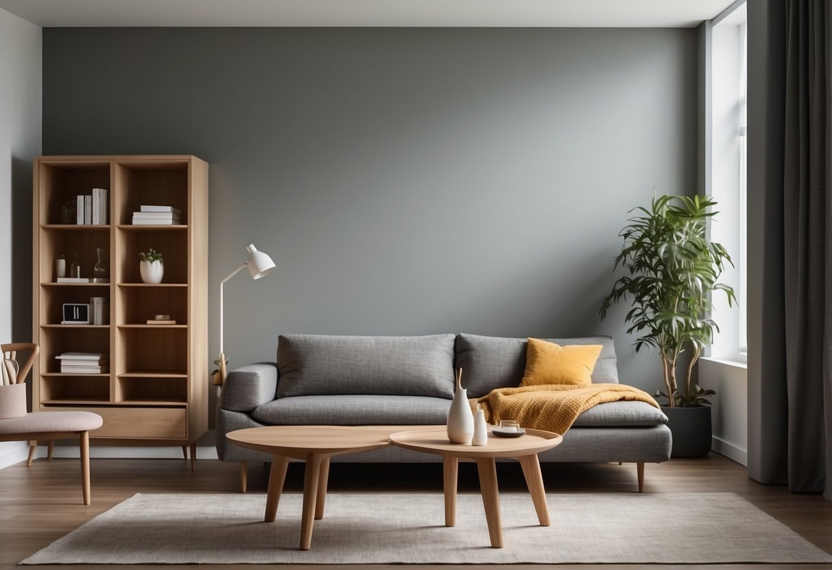 A room with ancillary furniture: a side table, a bookshelf, and a coat rack. The furniture is modern and minimalist, with clean lines and neutral colors