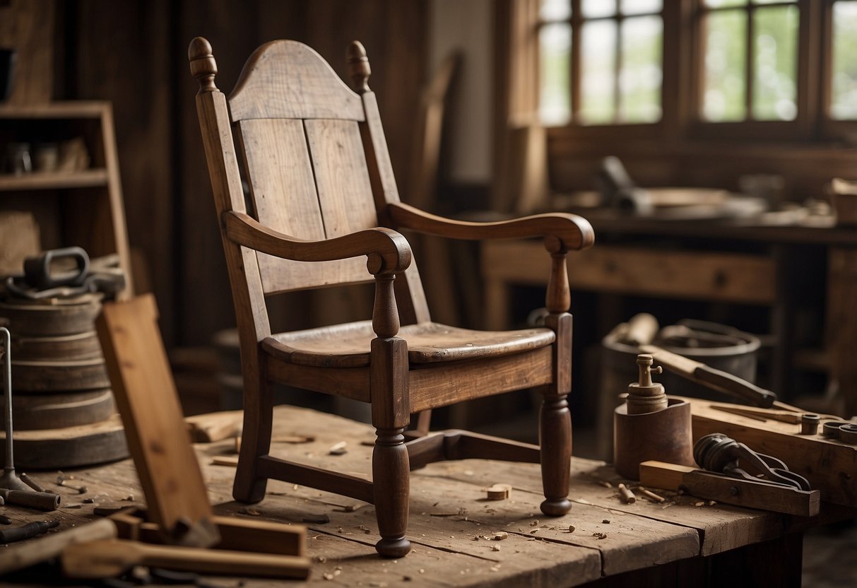 An antique chair sits on a workbench, with a broken leg and chipped finish. Tools and wood glue are scattered around, as a craftsman carefully repairs the damage