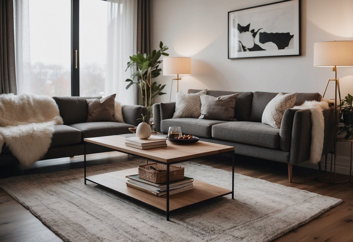 A modern living room with a sleek side table, a stylish floor lamp, and a cozy area rug