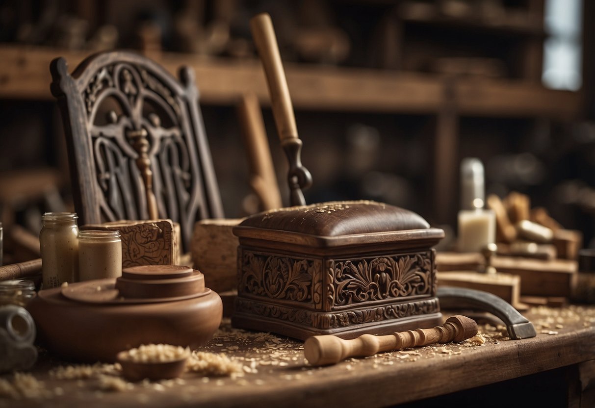 An antique chair sits on a workbench, surrounded by tools, glue, and wood shavings. A craftsman carefully sands and repairs the intricate details of the chair's ornate carvings