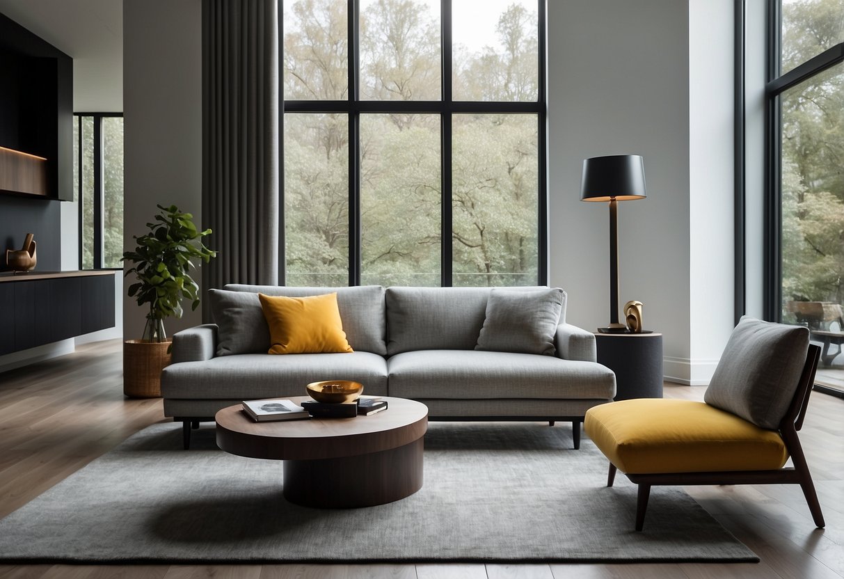 A modern living room with sleek, minimalist furniture and a pop of color from an accent chair. Clean lines and open space create a contemporary feel
