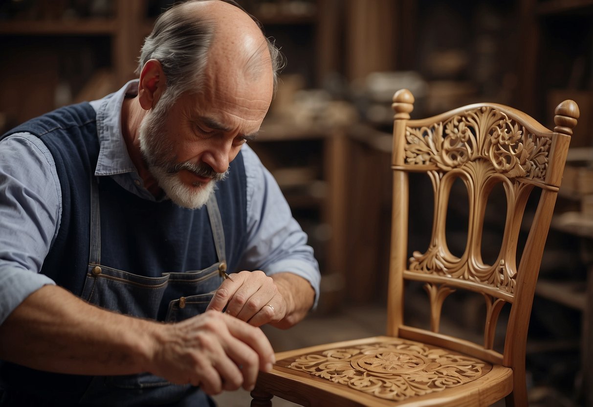 An expert craftsman meticulously restores a vintage chair's intricate woodwork, using fine tools and expert precision