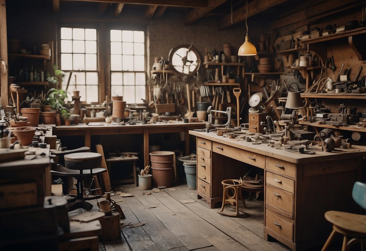 A cluttered workshop with vintage furniture pieces in various states of disrepair. Tools and materials are scattered around, with a workbench in the center of the room