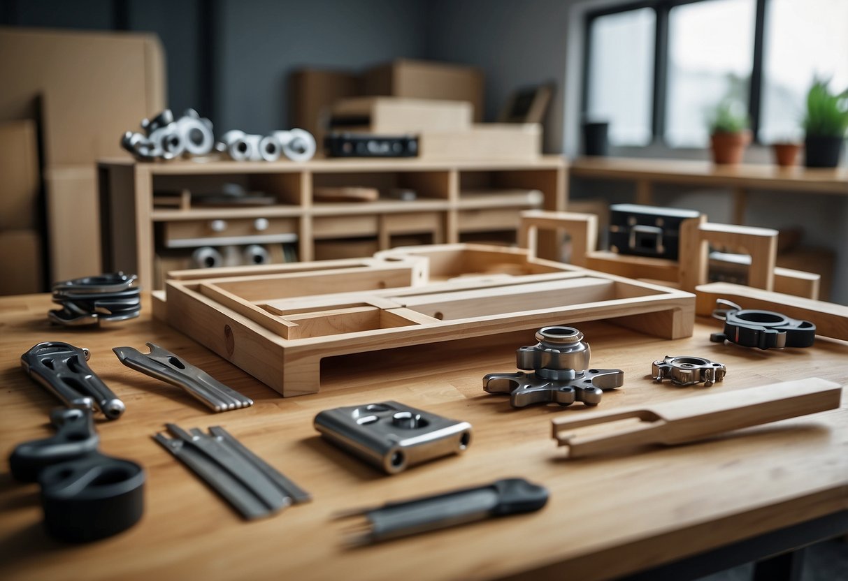 Flat pack furniture pieces neatly arranged, with tools nearby. Easy-to-follow instructions and a satisfied customer enjoying the finished product