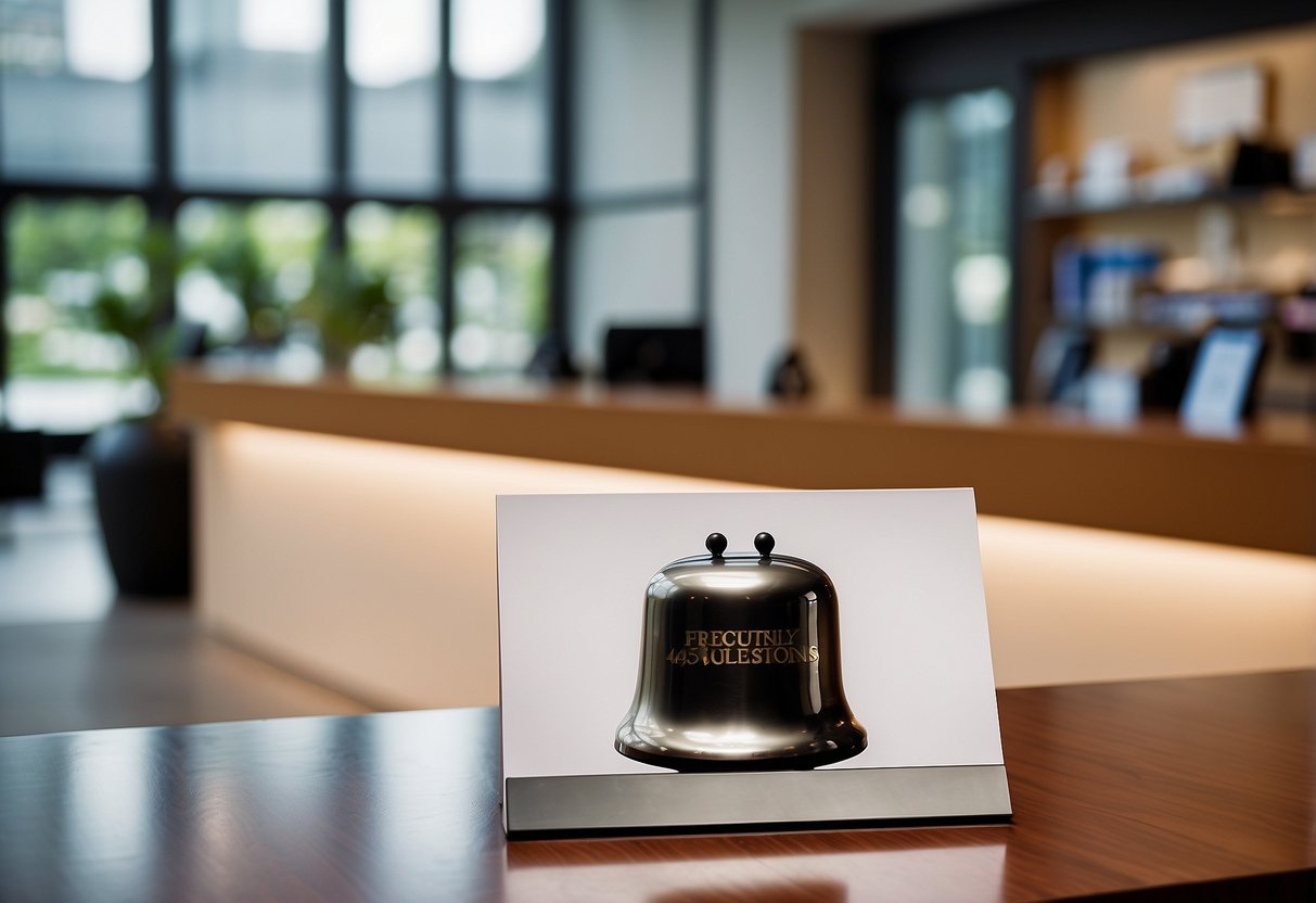 A stack of brochures and a customer service bell on a sleek, modern reception desk with a sign reading "Frequently Asked Questions" above