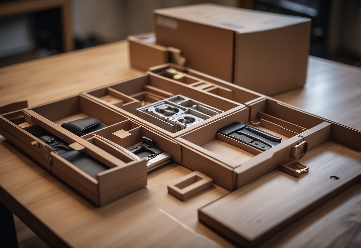 A flat pack furniture box being opened, pieces laid out, and assembled into a functional piece, showcasing ease of ownership