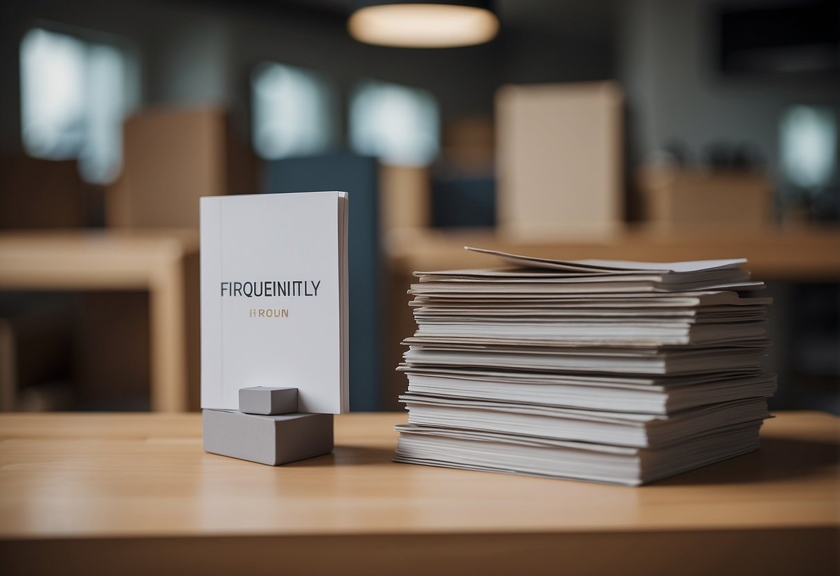 A stack of flat pack furniture pieces arranged neatly with a "Frequently Asked Questions" pamphlet nearby