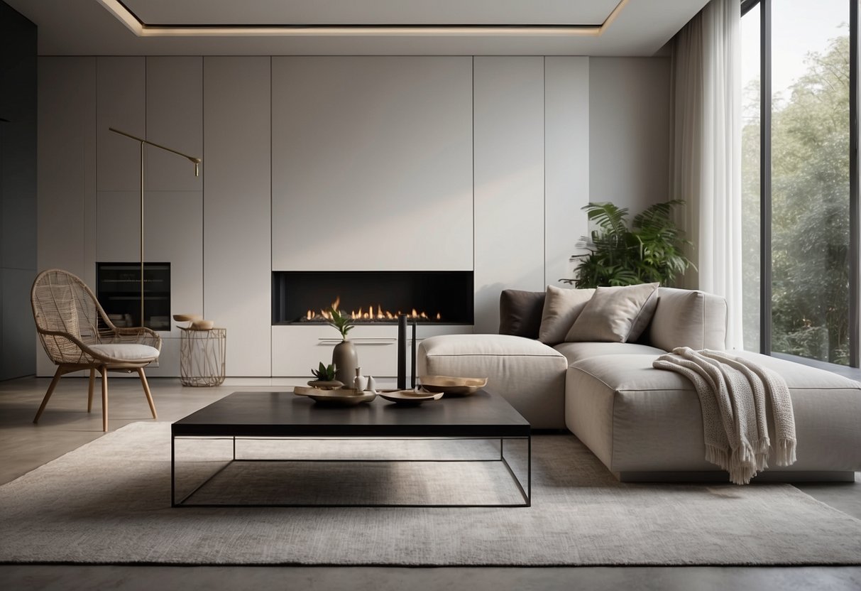 A modern living room with sleek, minimalist datumstruct furniture arranged in a symmetrical layout, with clean lines and neutral colors