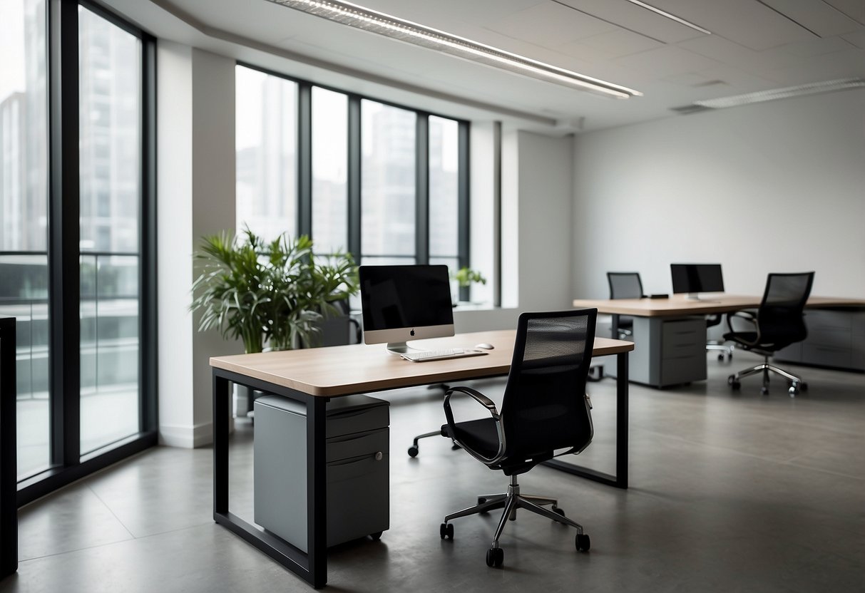 A modern office with sleek, minimalist furniture arranged in a spacious, well-lit room. Clean lines and neutral colors create a professional, inviting atmosphere