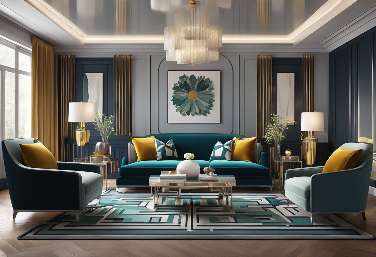 An elegant living room with geometric-patterned rugs, sleek chrome lamps, and a luxurious velvet sofa, all surrounded by art deco reproduction furniture