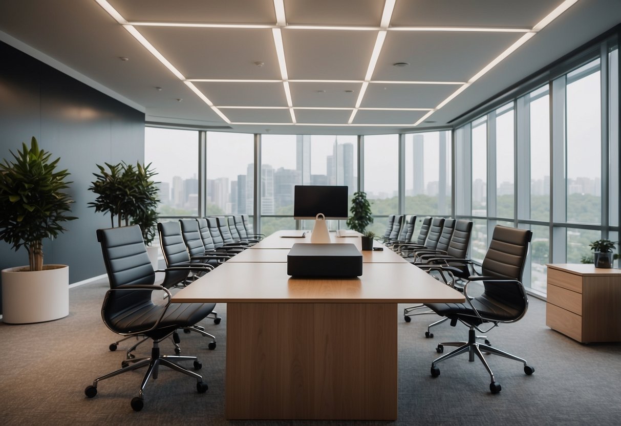 A sleek, modern office space with Datumstruct furniture arranged in a symmetrical and organized manner, showcasing the company's commitment to excellence