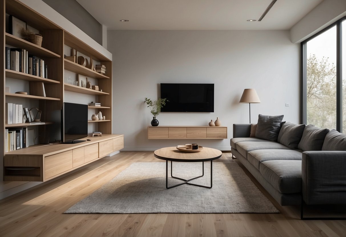 A modern living room with sleek apina furniture, featuring a minimalist sofa, coffee table, and bookshelf against a backdrop of neutral walls and large windows