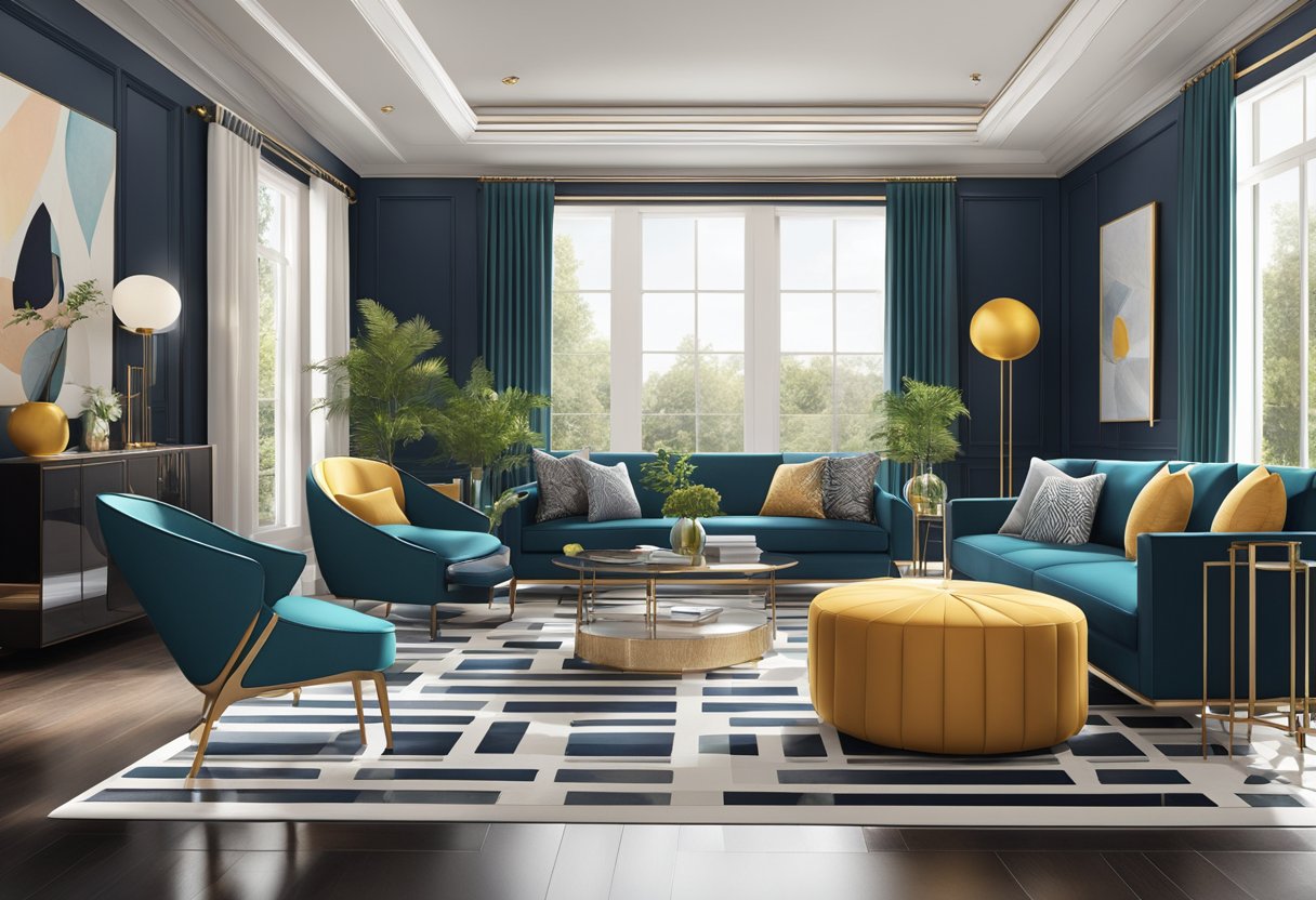 A room filled with sleek, geometric furniture in bold colors and luxurious materials, featuring clean lines and intricate details