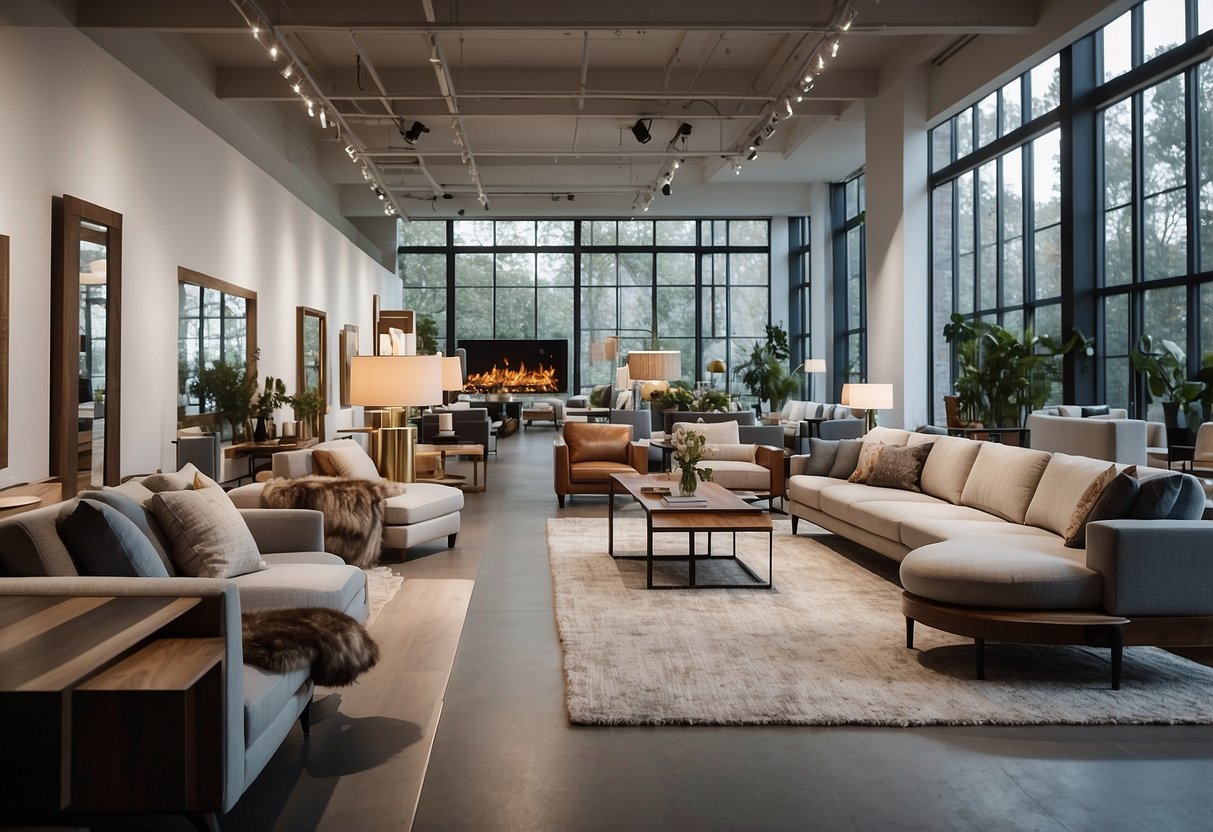 A spacious showroom with modern furniture displays and natural lighting. Customers browse through various pieces, admiring the sleek designs and quality craftsmanship