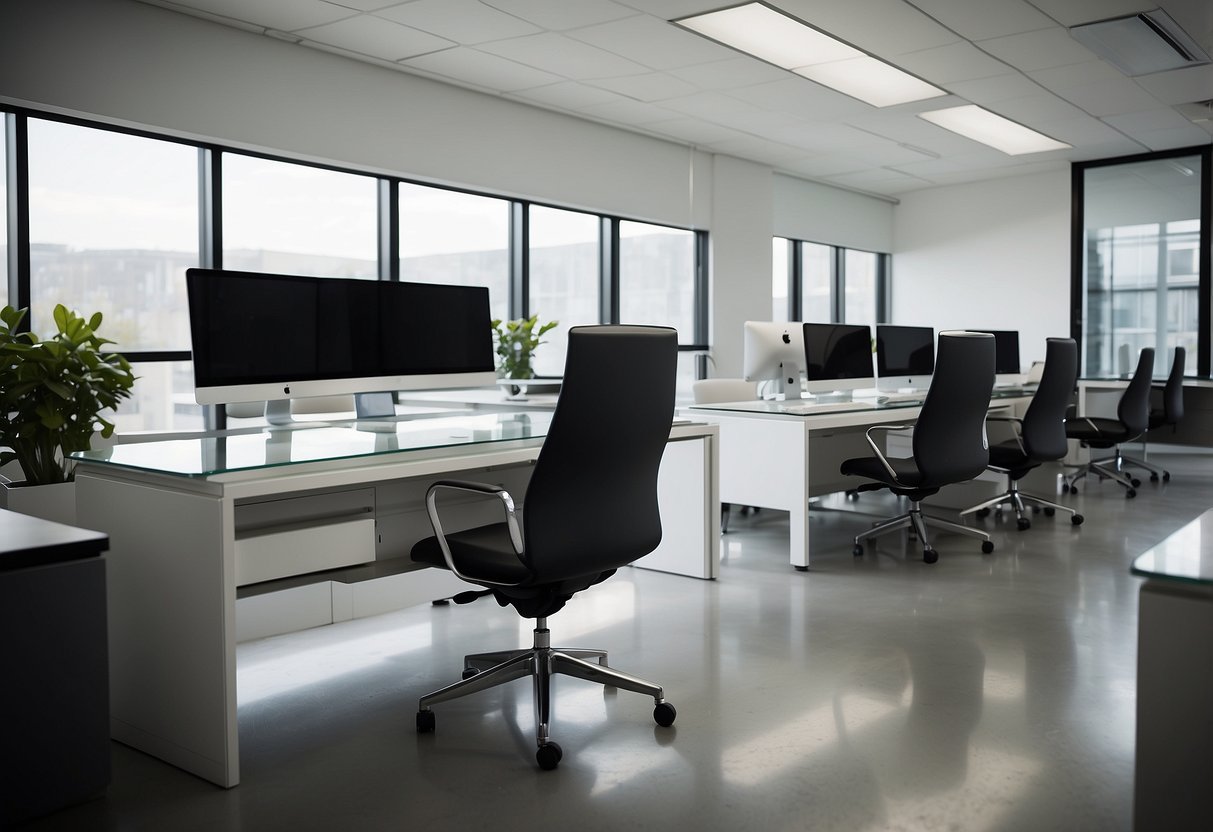 A sleek, modern office space with a variety of datumstruct furniture pieces, including desks, chairs, and storage units. Clean lines and minimalist design create a professional and organized atmosphere