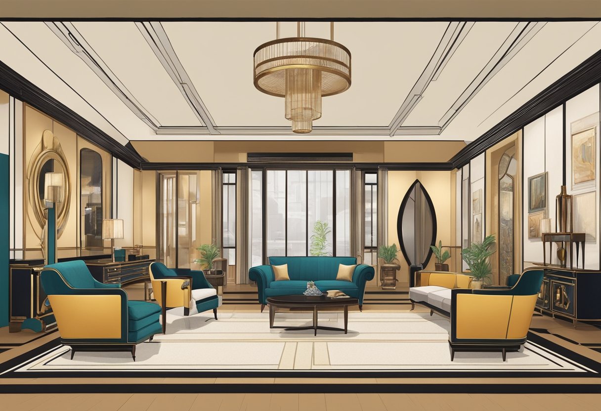 A showroom with art deco reproduction furniture displayed in various styles and colors, with a guide showcasing the selection process
