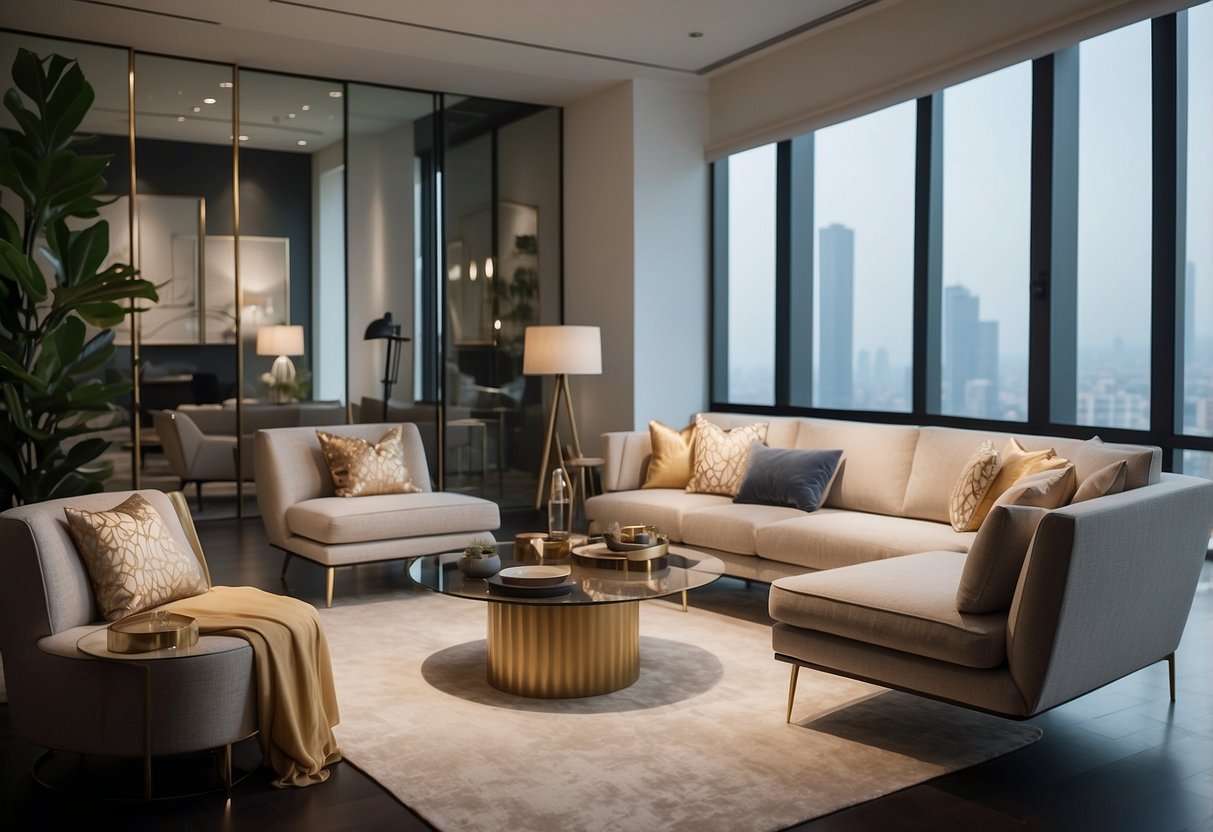 A modern showroom with sleek furniture displays and soft lighting, showcasing the elegant and minimalist designs of Apina Collections
