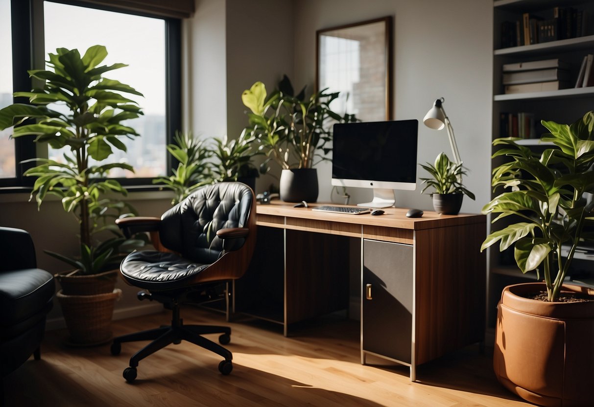 A wooden desk with a laptop, a leather chair, a bookshelf, and a potted plant in an office cabin