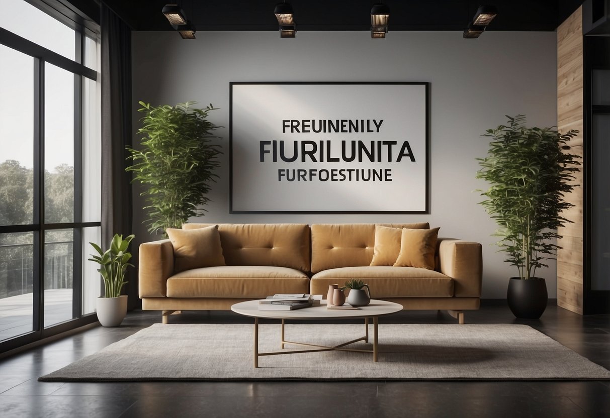 A room with modern furniture, including a sleek sofa and a minimalist coffee table. A large sign reading "Frequently Asked Questions apina furniture" is prominently displayed on the wall