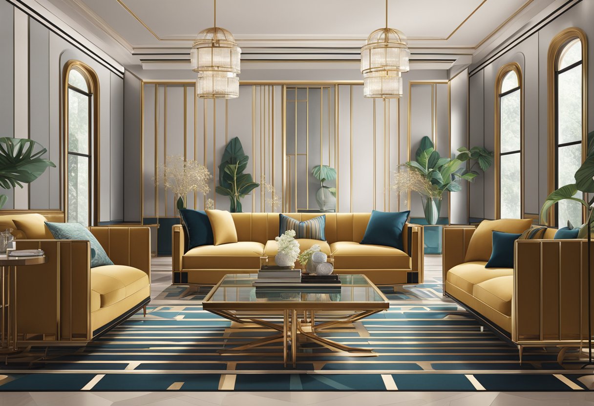 A room filled with elegant art deco reproduction furniture, featuring sleek lines, geometric patterns, and luxurious materials