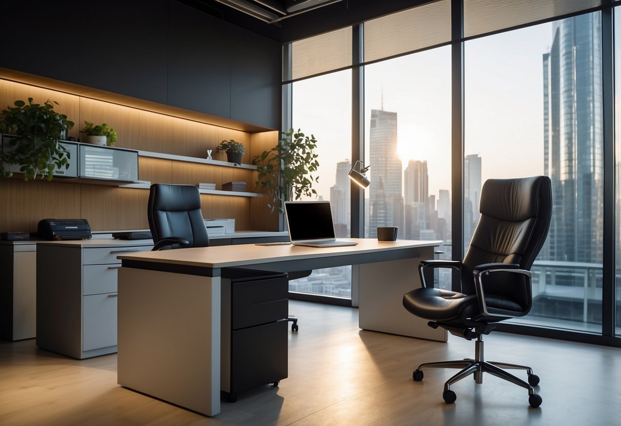 A modern office cabin with a sleek desk, ergonomic chair, filing cabinet, and a large window with natural light streaming in