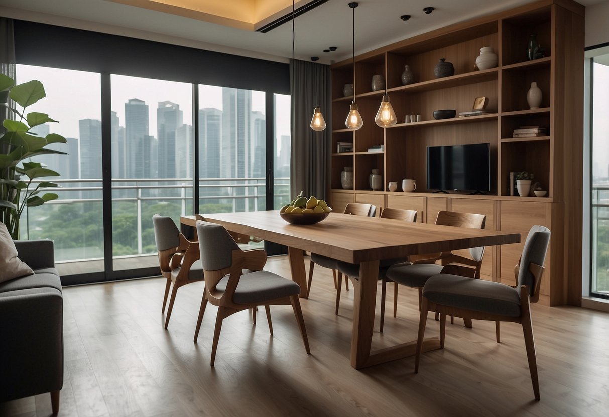 A cozy living room with custom wood furniture in Singapore. A sleek dining table, elegant chairs, and a rustic bookshelf create a warm and inviting space