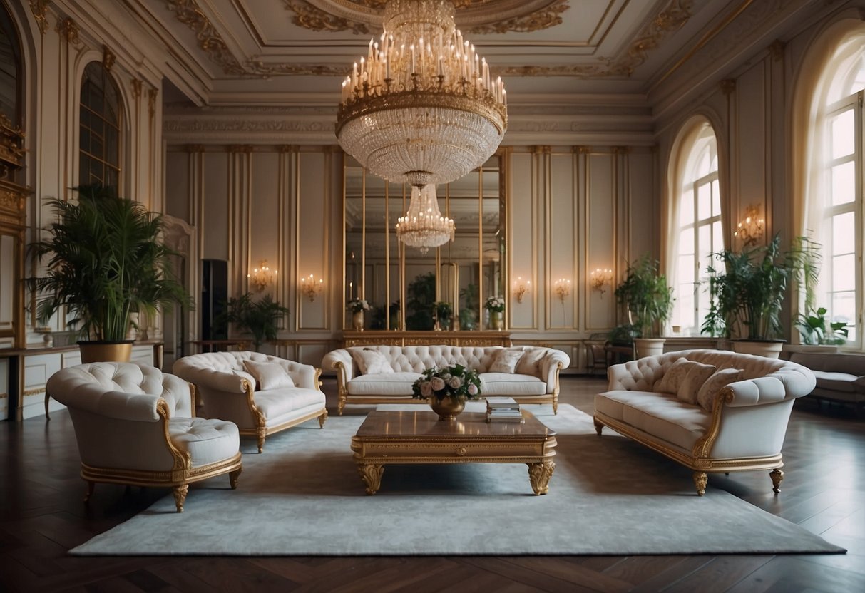 Neoclassical furniture pieces by iconic designers arranged in a grand, symmetrical room with ornate details and elegant proportions
