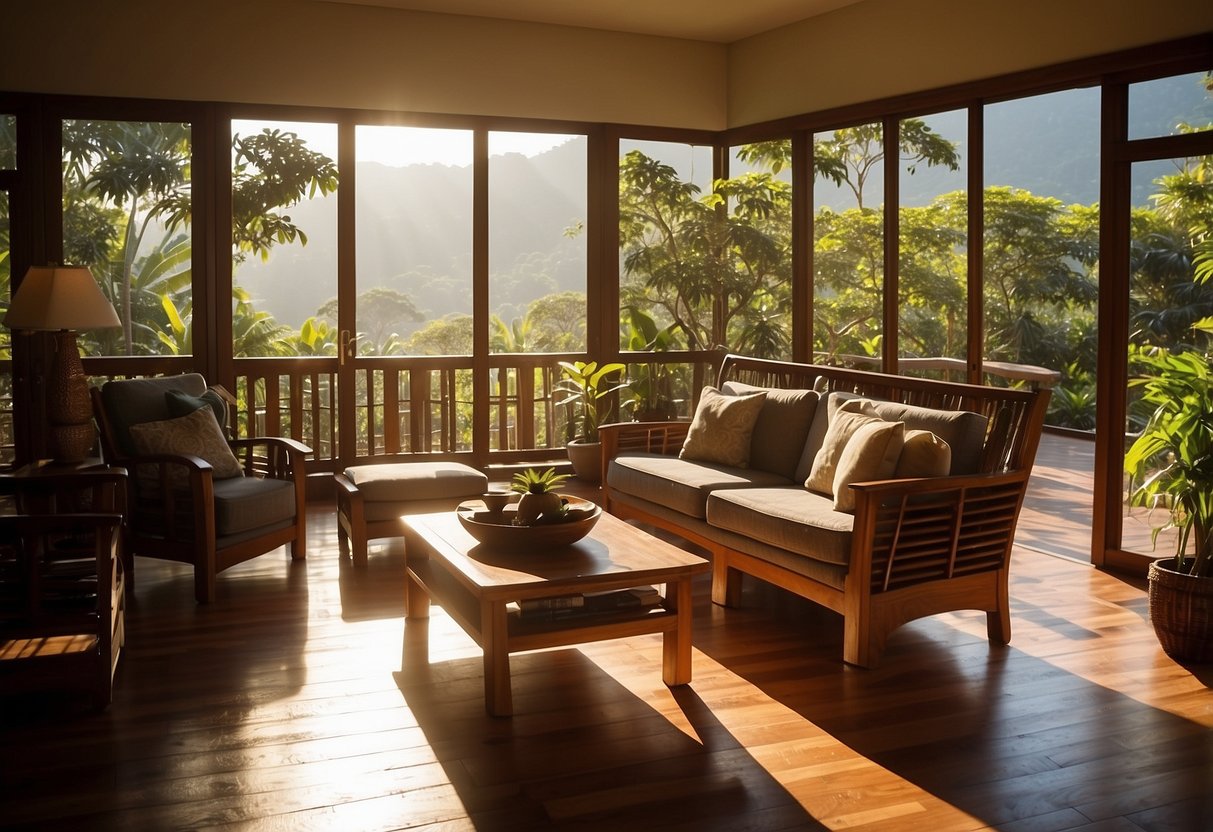 A serene living room with bali teak wood furniture, including a coffee table, chairs, and a bookshelf. Sunlight streams through the windows, casting warm shadows on the polished surfaces