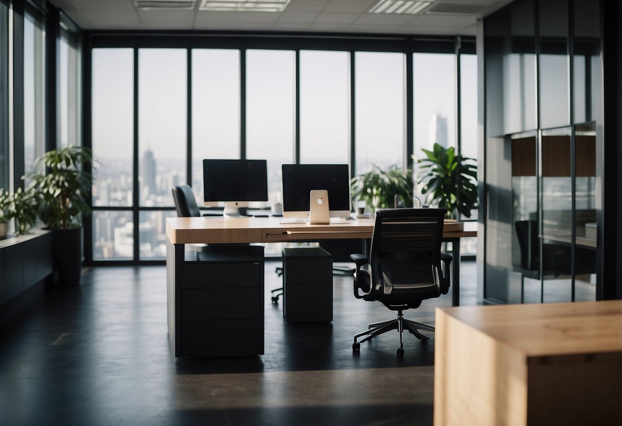 The office cabin is adorned with sleek, modern furniture, creating a functional and aesthetically pleasing workspace