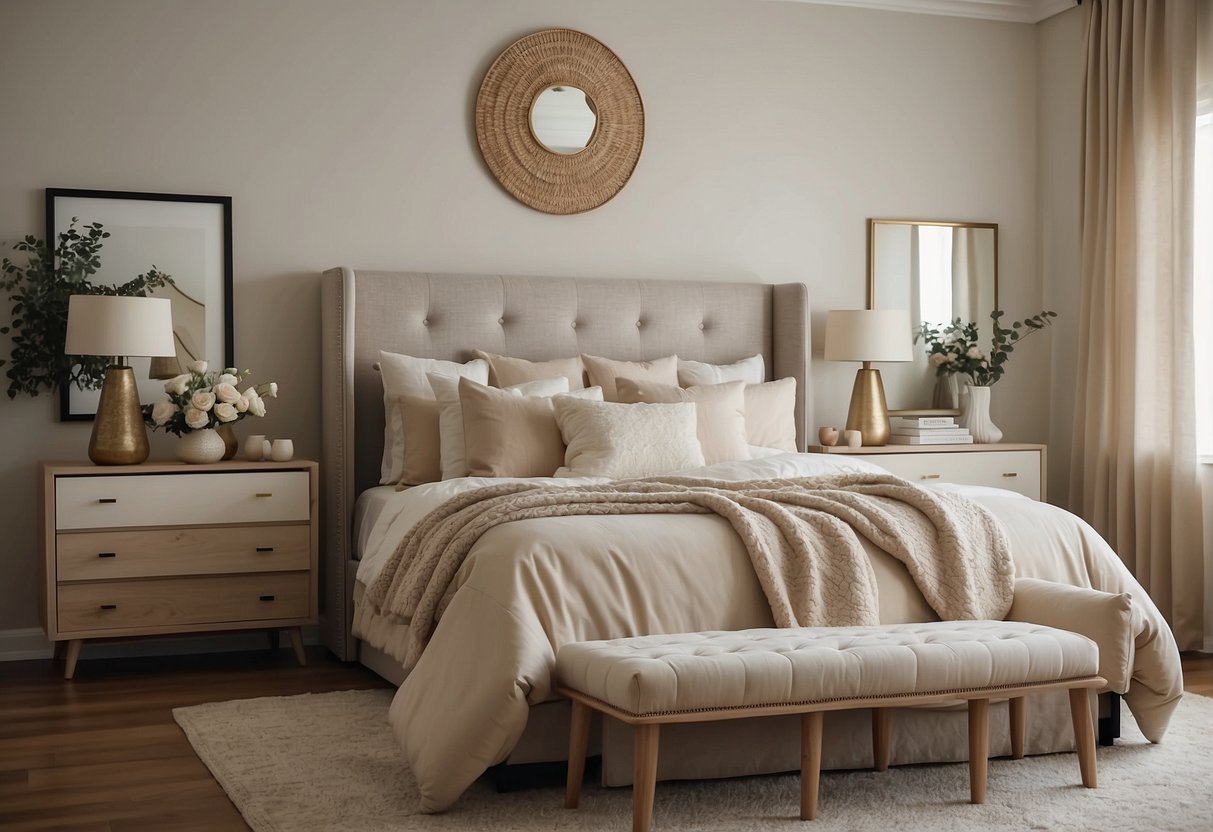 A bedroom with cream furniture, a soft, neutral color palette, and cozy textures. A large bed with plush pillows, a sleek dresser, and a comfortable armchair create a serene and inviting space