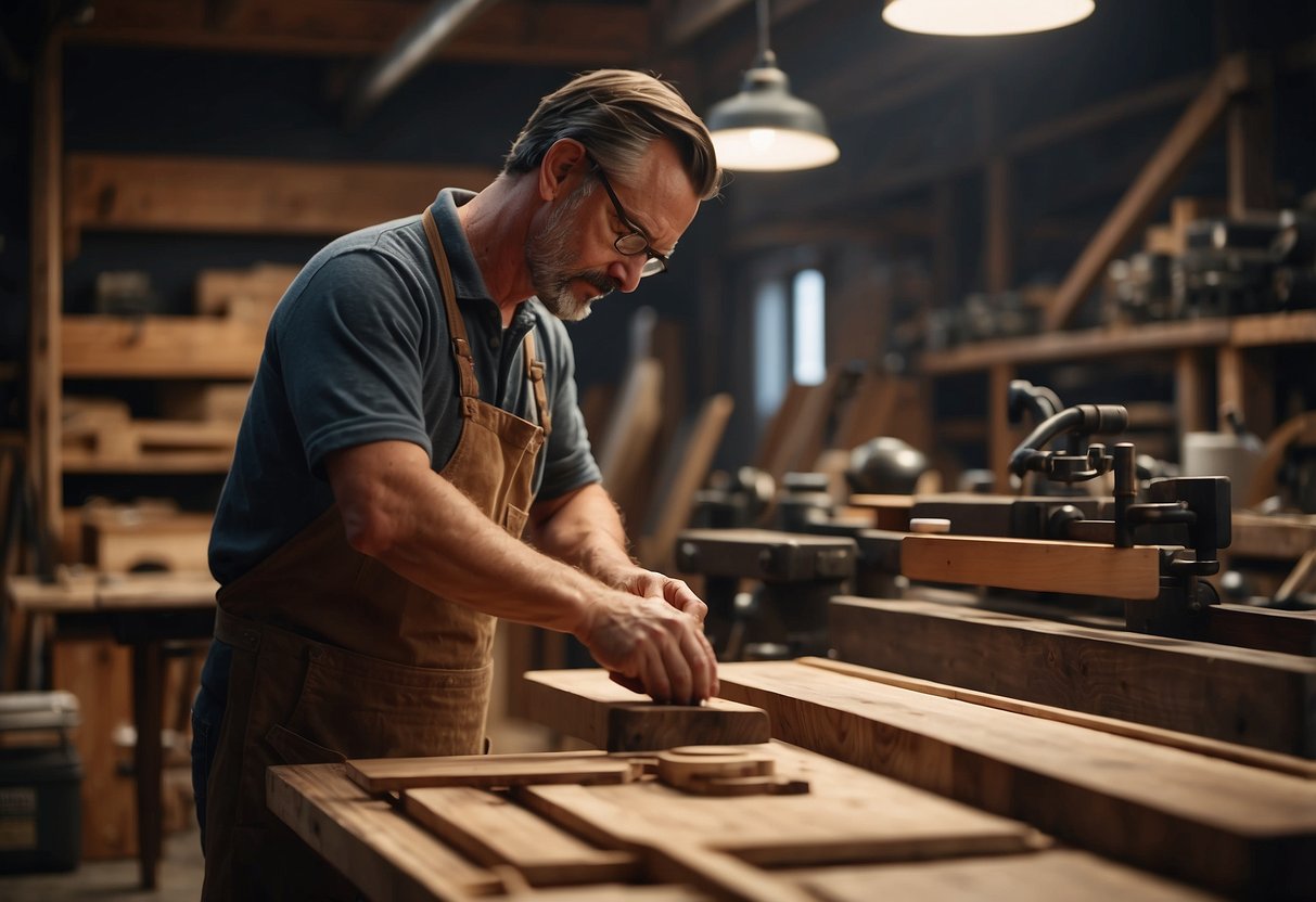 A craftsman carefully selects and shapes rich, dark wood for a bespoke furniture piece in a well-lit workshop