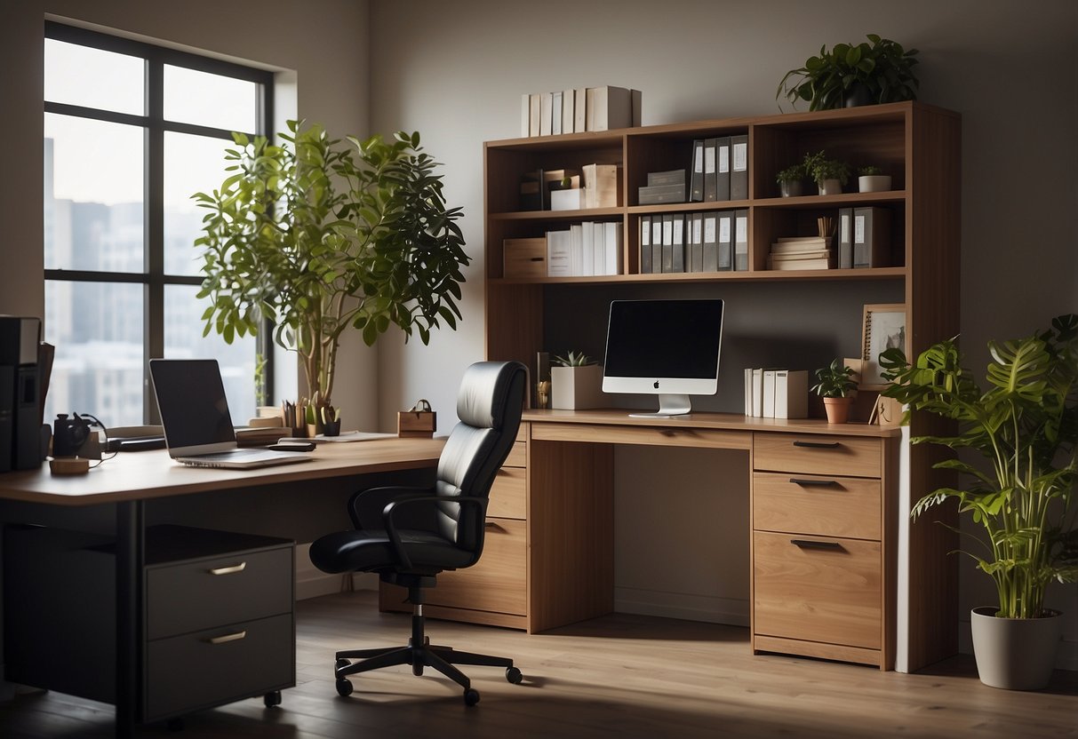 The office cabin is furnished with a desk, chair, computer, and filing cabinet. A bookshelf and potted plant add a touch of warmth to the space