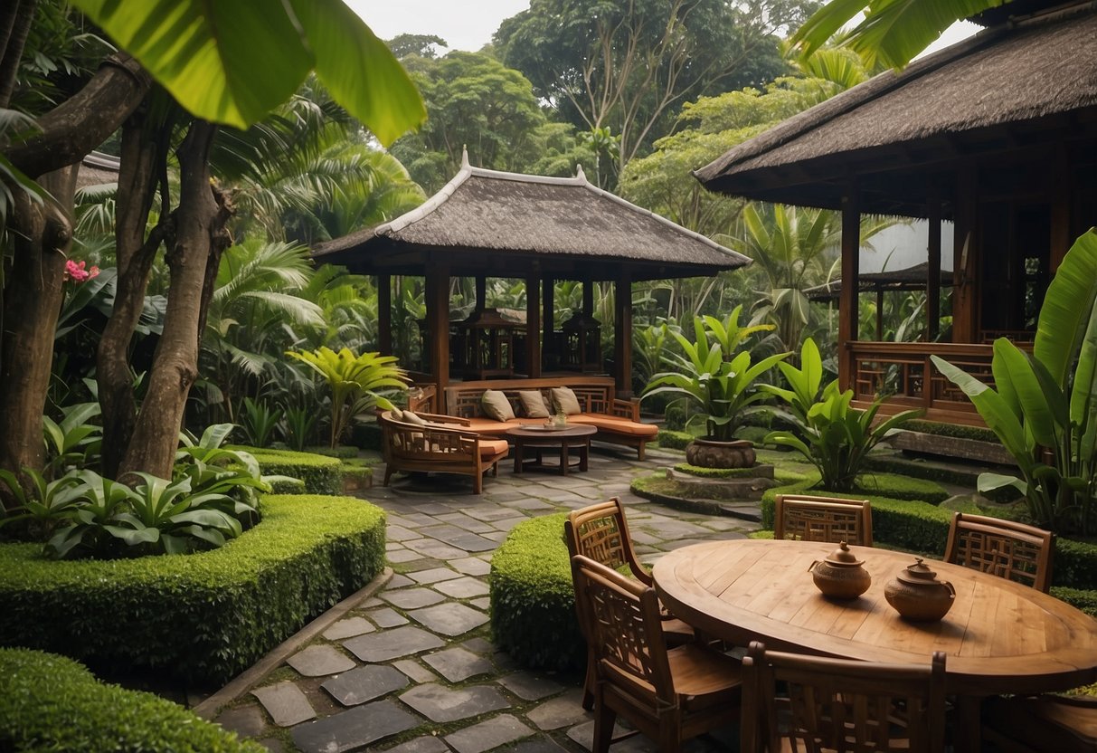 A serene Balinese garden with teak wood furniture, surrounded by lush greenery and traditional Balinese architecture