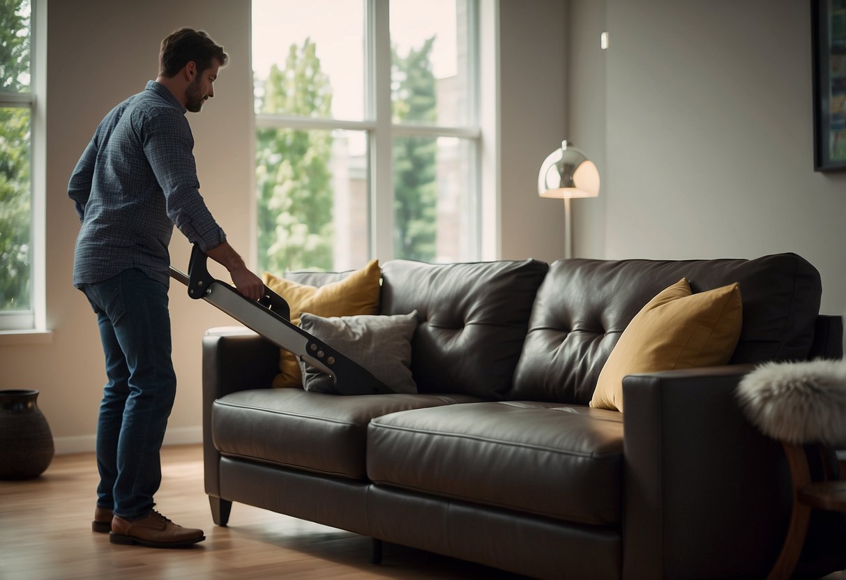 A sturdy furniture lifter effortlessly raises a heavy couch, while a person stands by, ready to move it