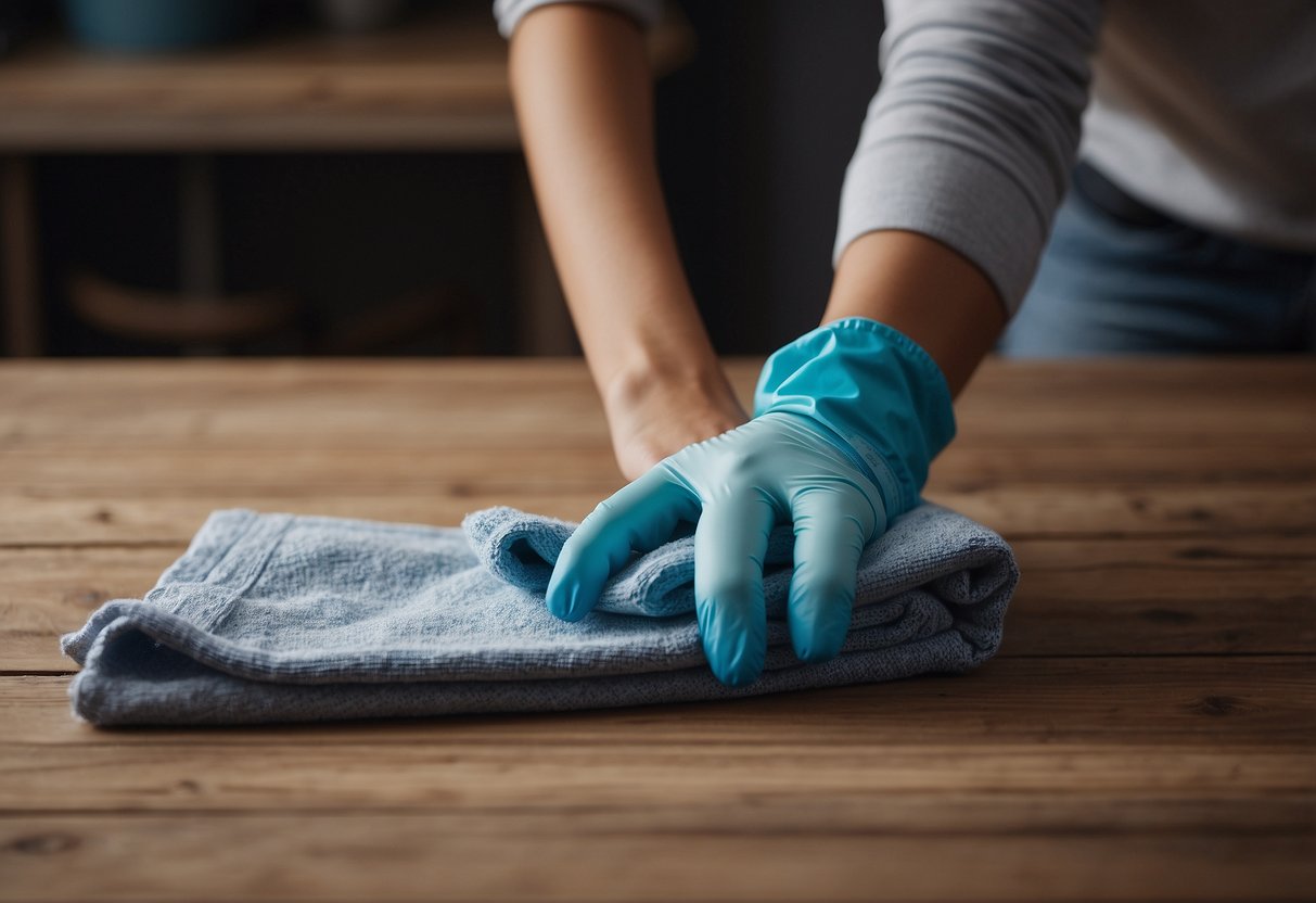 A person uses a soft cloth and gentle cleaner to wipe down a wooden table, removing dust and smudges