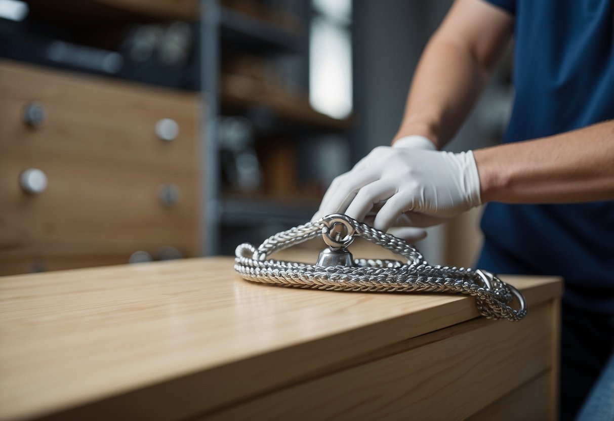 A 3m furniture anchor is being installed onto a dresser, ensuring compliance with safety regulations