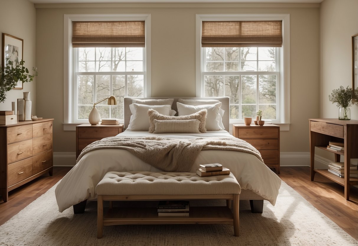A cream bedroom with a cozy queen bed, matching nightstands, and a soft area rug. A large window lets in natural light, and a small desk provides a workspace