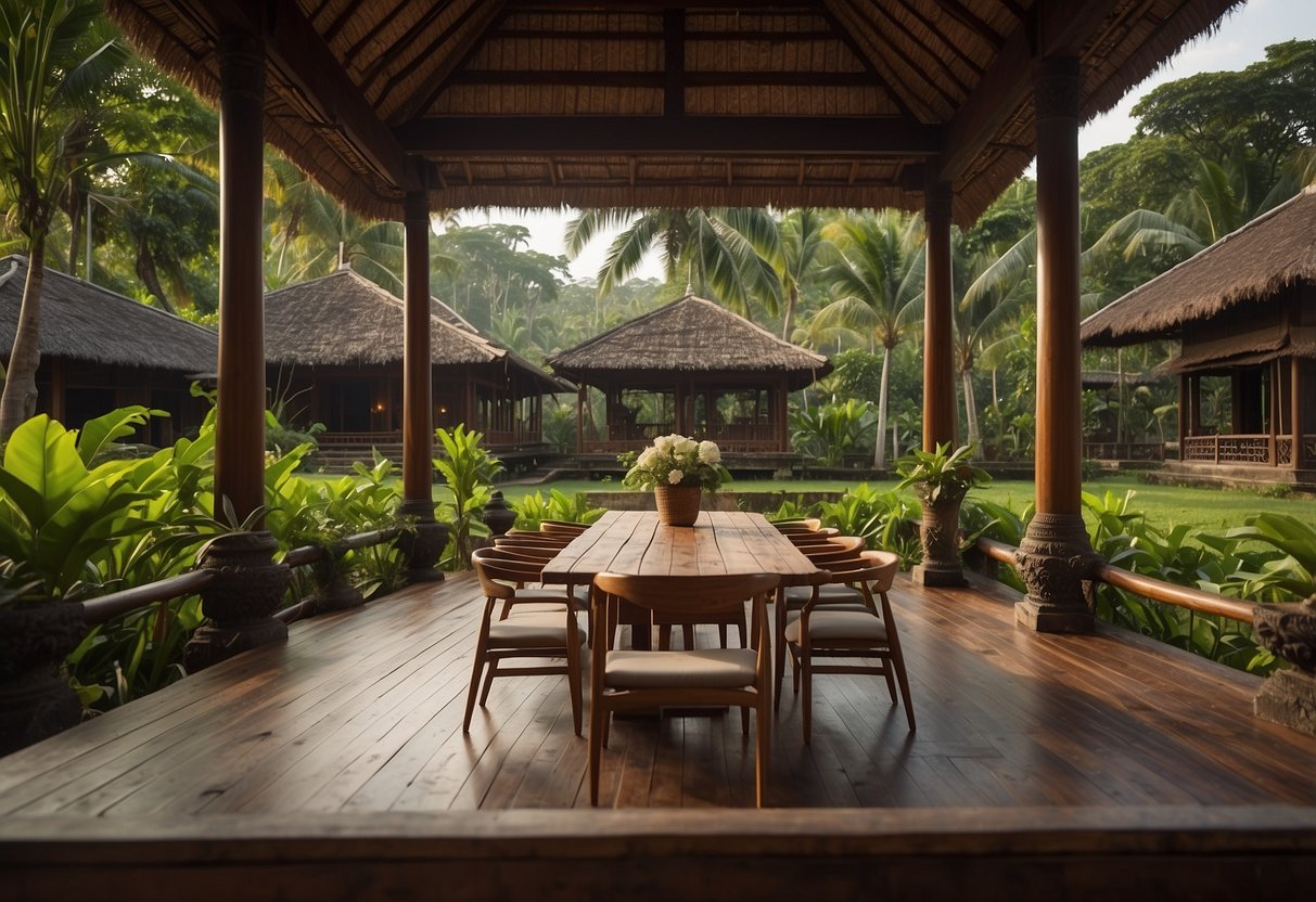 A rustic teak wood table surrounded by chairs, set against a backdrop of lush greenery and traditional Balinese architecture