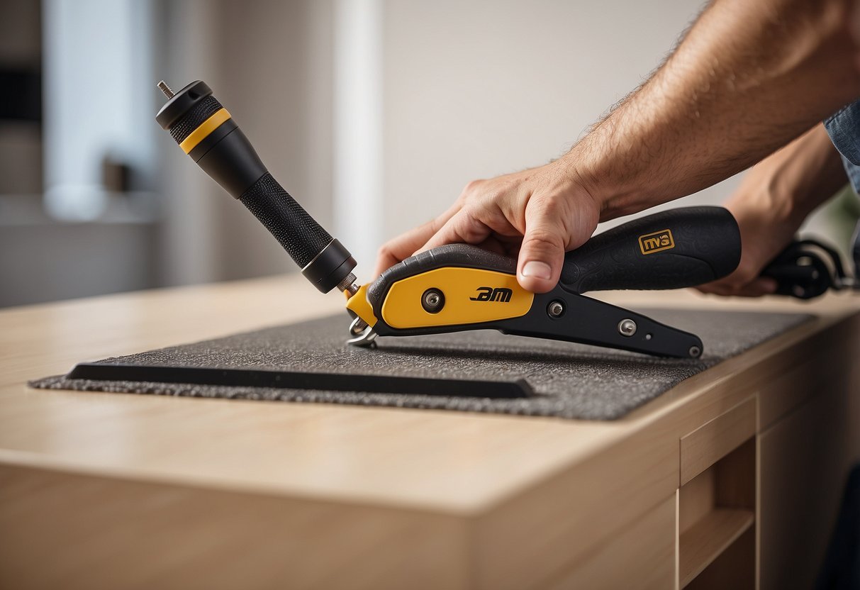 A 3m furniture anchor being installed on a dresser, with a person using a screwdriver to secure it to the wall