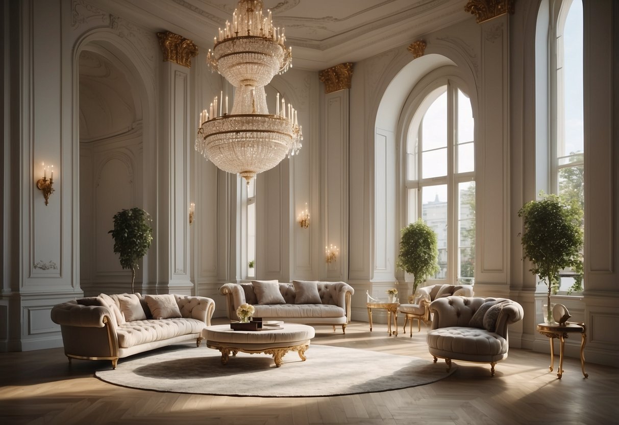 A grand neoclassical room with ornate furniture, featuring elegant lines, intricate details, and a sense of timeless sophistication