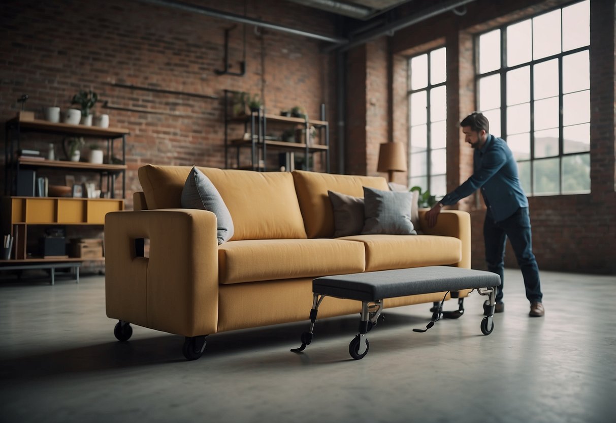 A set of furniture lifters in action, raising a heavy sofa effortlessly off the ground, showcasing their strength and ease of use