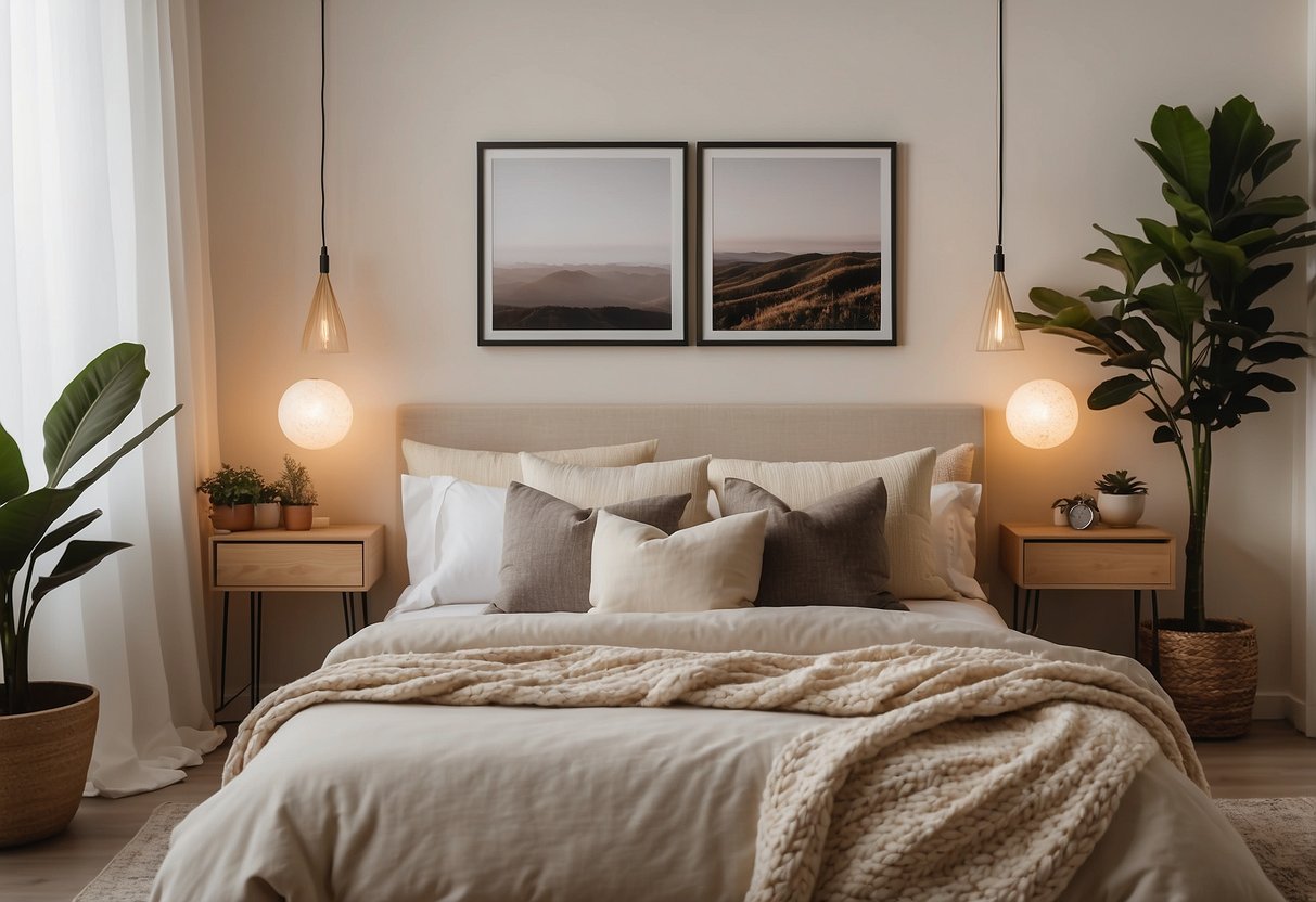 A cozy bedroom with cream furniture, soft lighting, and a neutral color palette. A comfortable bed with plush pillows and a throw blanket. Decorative accents like potted plants and framed artwork