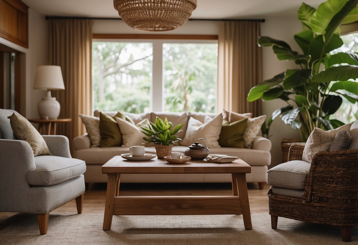 A cozy living room with a teak wood coffee table, surrounded by comfortable chairs and adorned with decorative items