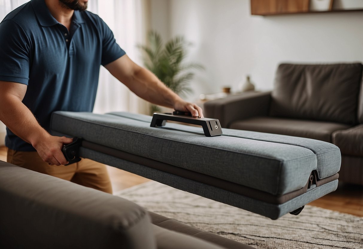 A hand-operated furniture lifter lifting a heavy sofa effortlessly