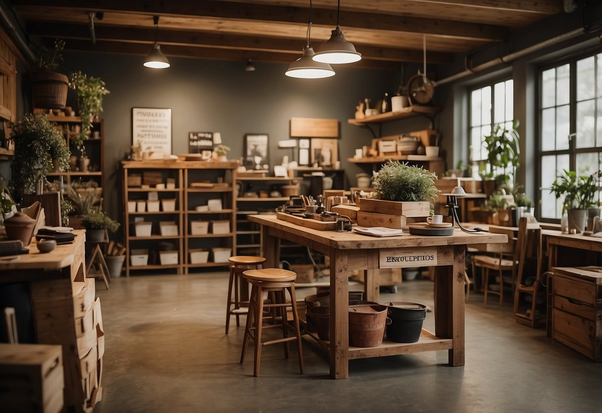 A cozy workshop with various wood furniture pieces on display. A sign reads "Frequently Asked Questions" with a stack of brochures nearby