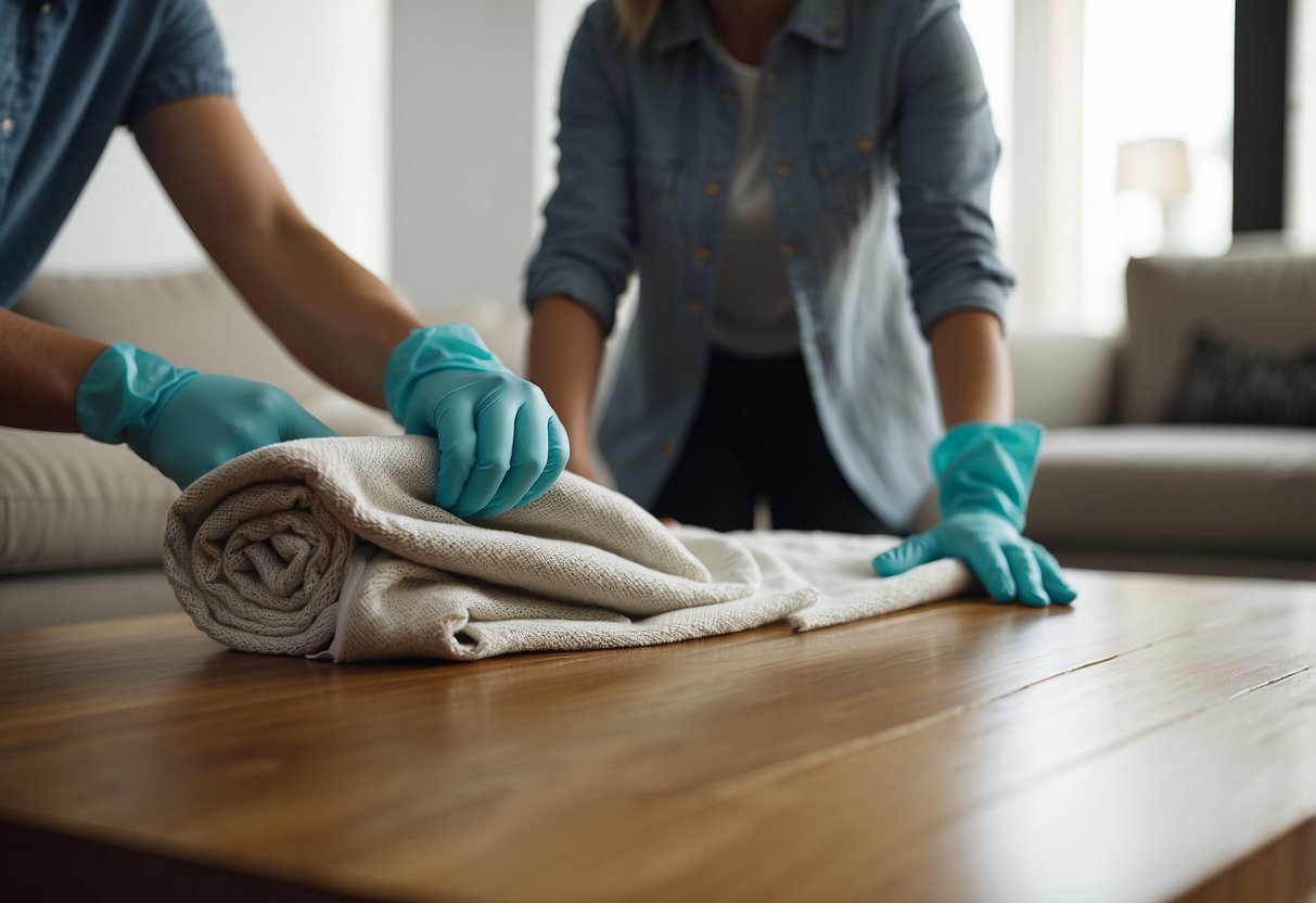 A person using a soft cloth to wipe down a wooden table, while another person vacuums a fabric couch