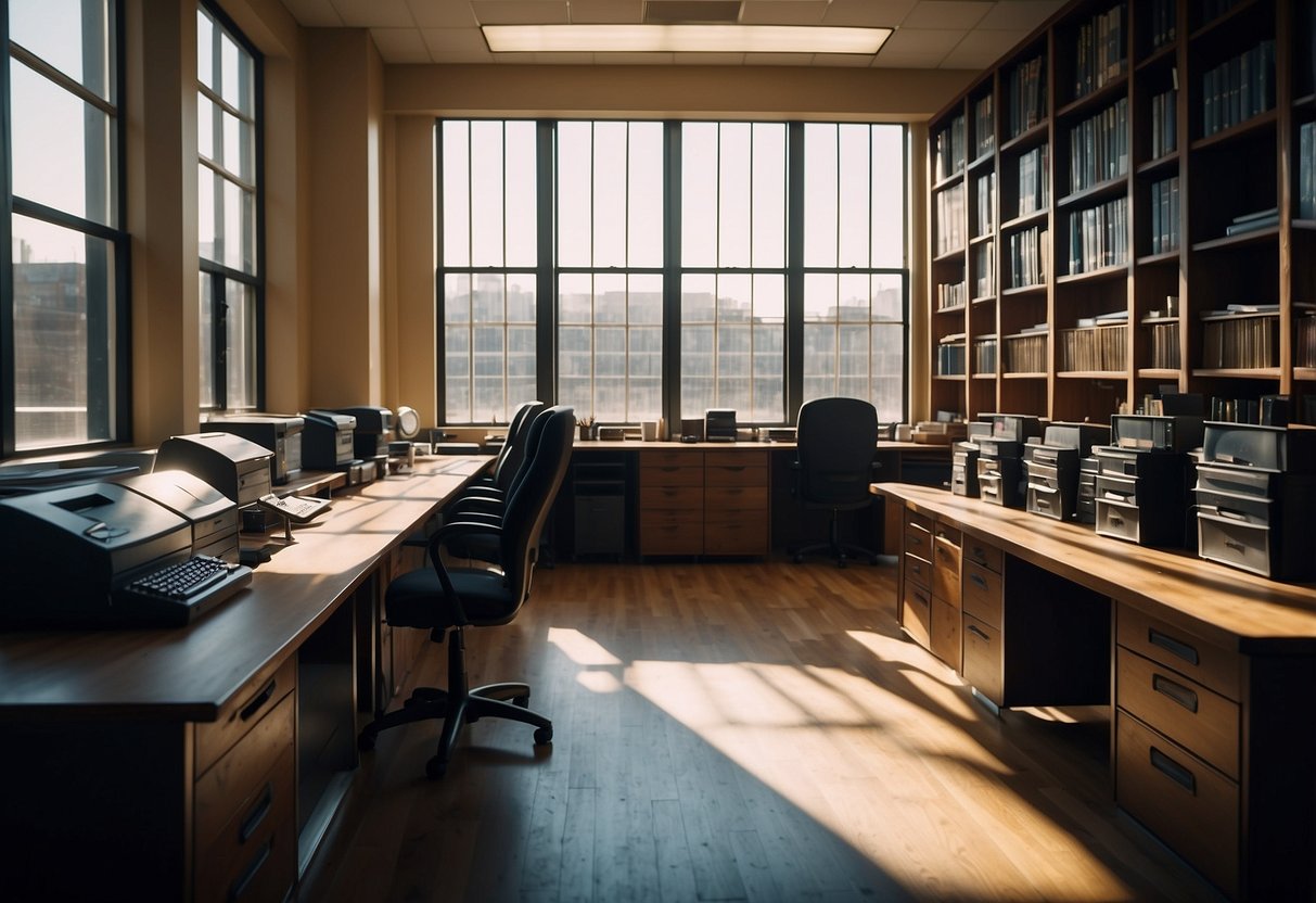 An office space filled with rows of desks, chairs, and filing cabinets. Light streams in through the windows, casting shadows on the worn but functional furniture